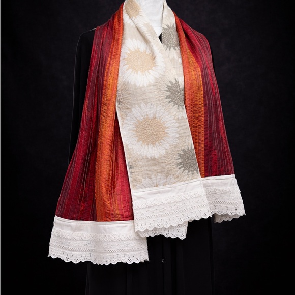 Artisan Reversible Handmade Scarf Lace Trim Sunflower + Red Gold Boho Wrap